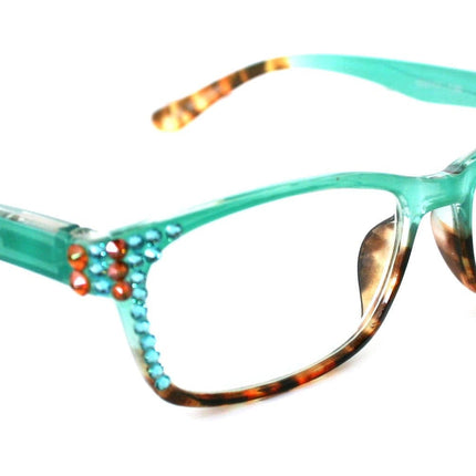 Desiree, (Bling) Women Reading Glasses W (Aquamarine, Cooper) Genuine European Crystals. +1.5 ..+6 Square. High Strength. NY Fifth Avenue
