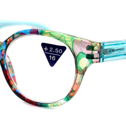 Versailles, (Premium) Reading Glasses High End Readers +1.25 .. +3.00 (Light Blue, Orange Floral) Round Optical Frames. NY Fifth Avenue.
