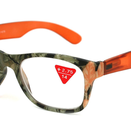 The Forester, (Premium) Reading Glasses, High End Reader +1.25 to +3 Magnifying Square Style (Orange Camouflage) Frame. NY Fifth Avenue