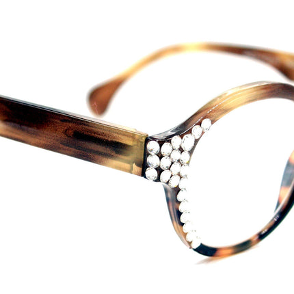 Citlalli, (Bling) Round Women Reading Glasses W (Clear) Genuine European Crystals +1.50..+3 (Marble Brown) Circle. NY Fifth Avenue