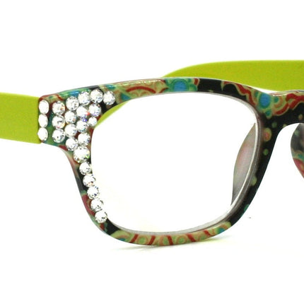 Persia, (Bling) Reading Glasses For Women Adorned W (Clear) Genuine European Crystals.+1.25.+3 (Lime Green) Paisley Floral. NY Fifth Avenue.