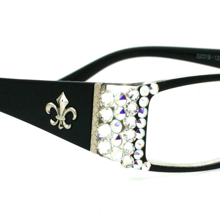 The French, (Bling) (Fleur De Lis) Women Reading Glasses W (Clear, AB Aurora Borealis) Genuine European Crystals  (Black)  NY Fifth Avenue