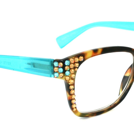 Madison Square, (Bling) Reading Glasses 4 Women W (L. Colorado, Aquamarine)Genuine European Crystals. +1.5..+3  NY Fifth Avenue (Wide frame)