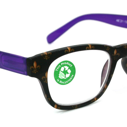 Lilly, (Premium) Reading Glasses (Fleur De Lis) +1 .. +3 Magnifying, Fashion Square Optical Frame. (Purple, Gold, Black) NY Fifth Avenue.
