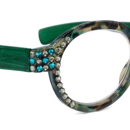 Celeste, (Bling) Reading Glasses Women W (Black Diamond, Blue Zircon) Genuine European Crystals (Green Tortoise Shell) NY Fifth Avenue