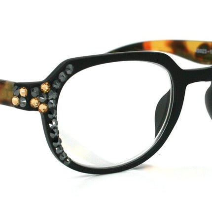 The Hexagon, (Bling) Women Reading Glasses W (Hematite, Light Colorado) Crystals (Geometric) (Black, Brown Tortoise shell) NY Fifth Avenue