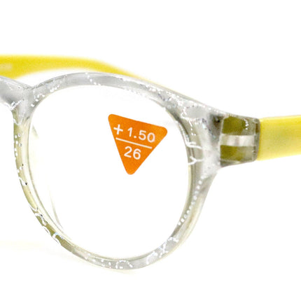 Grace, (Premium) Reading Glasses High End Readers +1.25 ..+3 Magnifying Glasses, Round Frame. (Metallic Silver, Yellow) NY Fifth Avenue.