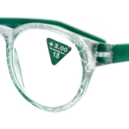 Grace, (Premium) Reading Glasses High End Readers +1.25 ..+3 Magnifying Glasses, Round Frame. (Metallic Silver, Green) NY Fifth Avenue.