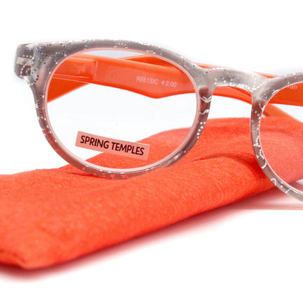 Grace, (Premium) Reading Glasses High End Readers +1.25 ..+3 Magnifying Glasses, Round Frame. (Metallic Silver, Orange) NY Fifth Avenue.