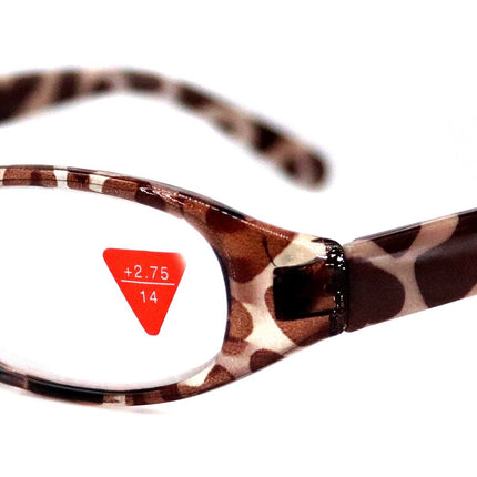 Isabella, (Premium) Reading Glasses, Fashion Reader (Giraffe Brown) Print, Oval Shape +4 +5 High Magnification, NY Fifth Avenue (Wide Frame)