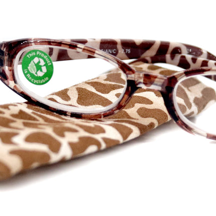 Isabella, (Premium) Reading Glasses, Fashion Reader (Giraffe Brown) Print, Oval Shape +4 +5 High Magnification, NY Fifth Avenue (Wide Frame)
