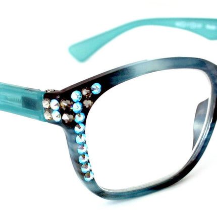 Coral, (Bling) Reading Glasses 4 Women W (Aquamarine, Black Diamond)Genuine European Crystals.(Teal Blue) Marble Pattern Frame.