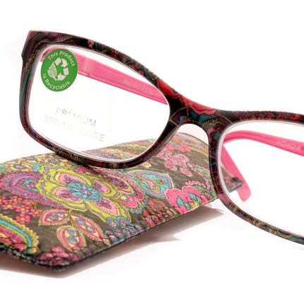Frida, (Premium) Reading Glasses, High End Readers +1.25 .. +3 Magnifying Eyeglasses, Square Optical Frame. (Pink) Paisley. NY Fifth Avenue