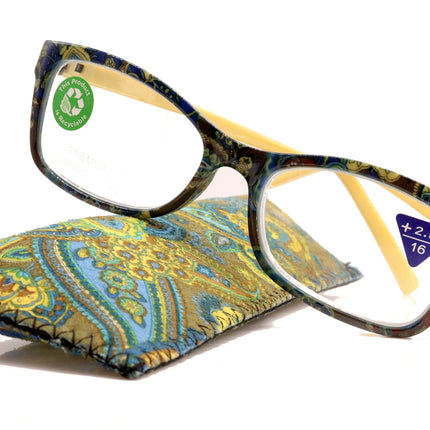 Frida, (Premium) Reading Glasses, High End Readers +1.25 .. +3 Magnifying Eyeglasses, Square Optical Frame (Yellow) Paisley. NY Fifth Avenue