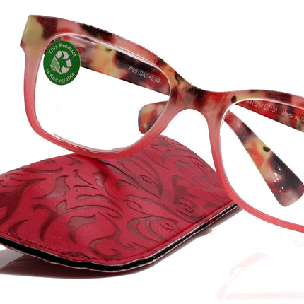 Aya, (Premium) Reading Glasses, High End Fashion Reader,+1.25 to +4 Magnifiers, (Pink n Brown Tortoise) Square Frame. NY Fifth Avenue.