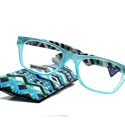 Monet, (Premium) Reading Glasses High End Readers +1 .. +3 Magnifying, Translucent (L Blue) Chevron Square. Optical Frame. NY Fifth Avenue.