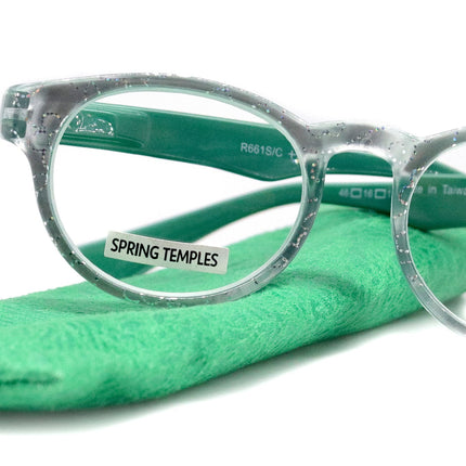 Grace, (Premium) Reading Glasses High End Readers +1.25 ..+3 Magnifying Glasses, Round Frame. (Metallic Silver, Green) NY Fifth Avenue.