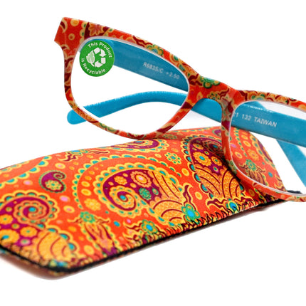Persia, (Premium) Reading Glasses High End Readers +1.25..+3 Magnifying Eyeglass, Square Optical Frame (Orange Teal) Paisley NY Fifth Avenue