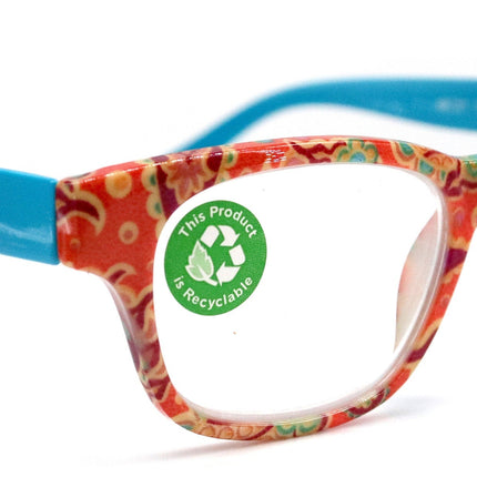 Persia, (Premium) Reading Glasses High End Readers +1.25..+3 Magnifying Eyeglass, Square Optical Frame (Orange Teal) Paisley NY Fifth Avenue