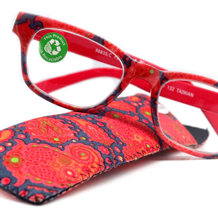 Persia, (Premium) Reading Glasses High End Reader, Magnifying Eyeglass, Square Optical Frame (Red, Blue n Orange) Paisley NY Fifth Avenue