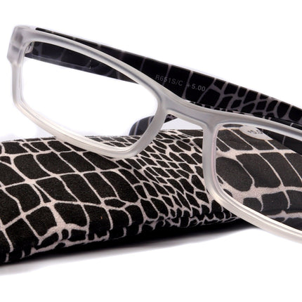 Xena, (Premium) Reading Glasses, Square Readers Clear Frosted +1.25.. +6 High / Strong Magnifying Eyeglasses (Black Giraffe) NY Fifth Avenue