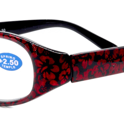 Isabella, (Premium) Reading Glasses, Fashion Reader (Floral Red n Black) Oval +4 +4.5 +5 +6 High Magnification, NY Fifth Avenue (Wide Frame)