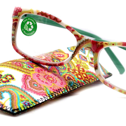 Frida, (Premium) Reading Glasses, High End Readers +1.25 .. +3 magnifying Eyeglasses, Square Optical Frame. (white) Paisley. NY Fifth Avenue