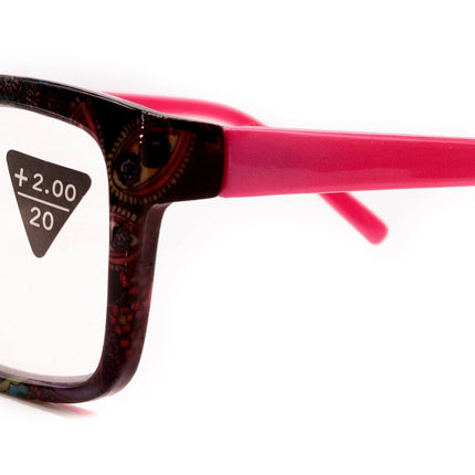 Frida, (Premium) Reading Glasses, High End Readers +1.25 .. +3 Magnifying Eyeglasses, Square Optical Frame. (Pink) Paisley. NY Fifth Avenue