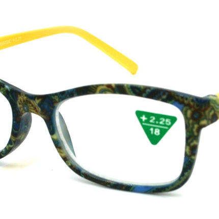 Frida, (Premium) Reading Glasses, High End Readers +1.25 .. +3 Magnifying Eyeglasses, Square Optical Frame (Yellow) Paisley. NY Fifth Avenue