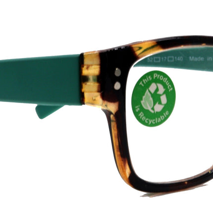Brooklyn, (Premium) Reading Glasses, High End Reader +1.25...+3 Magnifying Eyeglasses (Tortoise Brown, Teal) Square Frame. NY Fifth Avenue
