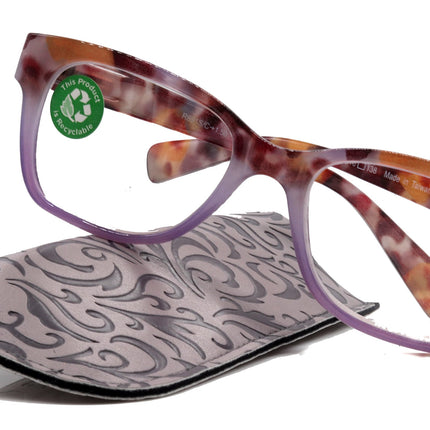 Aya, (Premium) Reading Glasses, High End Fashion Reader,+1.25 to +4 Magnifiers, (Purple n Brown Tortoise) Square Frame. NY Fifth Avenue.