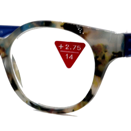Sally, (Premium) Reading Glasses, High End Readers +1.25..+3 Magnifying Glasses, Round Optical Frames (Tortoise Brown Blue) NY Fifth Avenue.