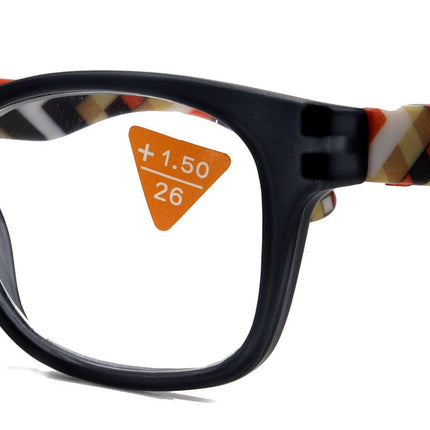 Monet, (Premium) Reading Glasses High End Readers +1 .. +3 Magnifying, (Black) (Orange) Chevron Square. Optical Frame. NY Fifth Avenue.
