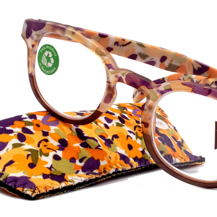 Autumn, (Premium) Reading Glasses High End Readers +1.25, +1.50..+3.00 Round Style. Optical Frame, (Brown, Purple Floral) NY Fifth Avenue