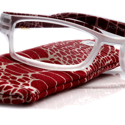 Xena, (Premium) Reading Glasses, Square Readers Clear Frosted +1.25.. +6 High / Strong Magnifying Eyeglasses (Red Giraffe) NY Fifth Avenue