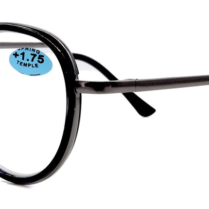 Cassie, (Premium) Reading Glasses Round. High End Reader Modern Circle Style (Black, Silver) Wire Frame +1.25..+3 Magnifying NY Fifth Avenue