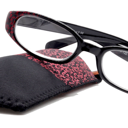 Isabella, (Premium) Reading Glasses, Fashion Reader (Floral Red n Black) Oval +4 +4.5 +5 +6 High Magnification, NY Fifth Avenue (Wide Frame)