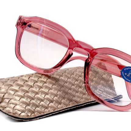 Apollo, (Blue Light Glasses) (Blue Light Blocker) Reduce Eyestrain, A/R Anti Glare. +1.25 +3.00, Large Square (Pink) NY Fifth Avenue.
