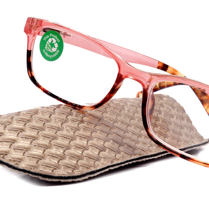 Desiree, (Premium) Reading Glasses, High End Reader +1.25..+3 Magnifying Square Style (Pink Tortoise Brown) Optical Frame. NY Fifth Avenue