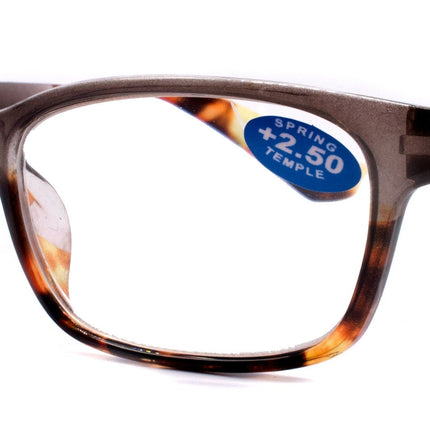 Desiree, (Premium) Reading Glasses, High End Reader +1.25..+3 Magnifying Square Style (Gray Tortoise Brown) Optical Frame. NY Fifth Avenue