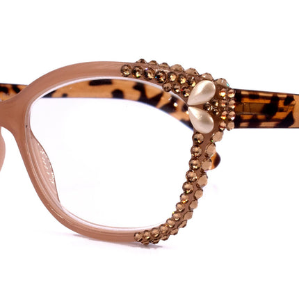 Savannah, (Bling) Women Reading Glasses W (2X line) (L. Colorado, Cooper, Pearl Teardrop) Genuine European Crystals. (Brown) NY Fifth Avenue