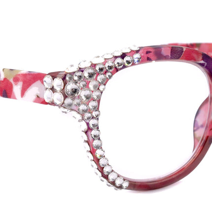 Autumn, (Bling) Reading Glasses For Women Adorned w (Clear) Genuine European Crystals,  Round Frame (Pink, Purple Floral) NY Fifth Avenue