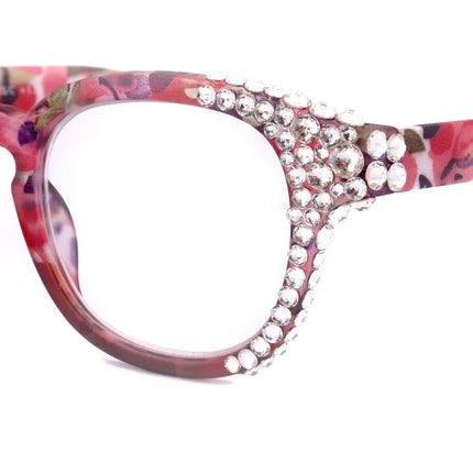 Autumn, (Bling) Reading Glasses For Women Adorned w (Clear) Genuine European Crystals,  Round Frame (Pink, Purple Floral) NY Fifth Avenue