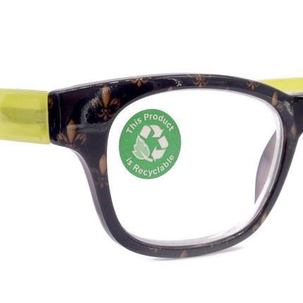 Lilly, (Premium) Reading Glasses (Fleur De Lis) +1 .. +3 Magnifying, Fashion Square Optical Frame. (Green, Gold, Black) NY Fifth Avenue.