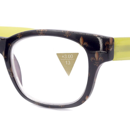 Lilly, (Premium) Reading Glasses (Fleur De Lis) +1 .. +3 Magnifying, Fashion Square Optical Frame. (Green, Gold, Black) NY Fifth Avenue.