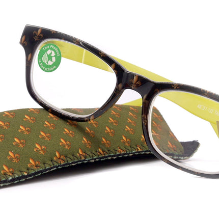 Lilly, (Premium) Reading Glasses (Fleur De Lis) +1 .. +3 Magnifying, Fashion Square Optical Frame. (Green, Gold, Black) NY Fifth Avenue.
