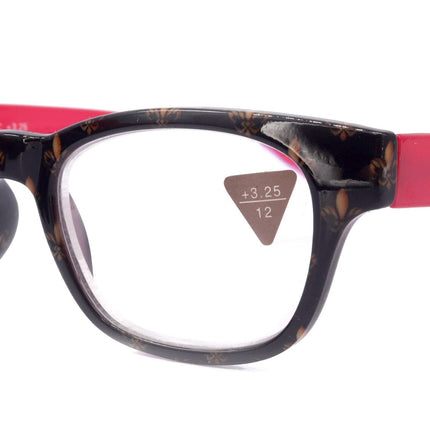 Lilly, (Premium) Reading Glasses (Fleur De Lis) +1 .. +3 Magnifying, Fashion Square Optical Frame. (Red, Gold, Black) NY Fifth Avenue.