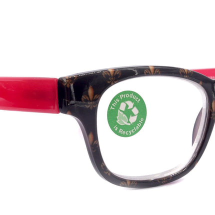 Lilly, (Premium) Reading Glasses (Fleur De Lis) +1 .. +3 Magnifying, Fashion Square Optical Frame. (Red, Gold, Black) NY Fifth Avenue.