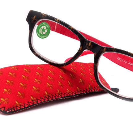 Lilly, (Premium) Reading Glasses (Fleur De Lis) +1 .. +3 Magnifying, Fashion Square Optical Frame. (Red, Gold, Black) NY Fifth Avenue.