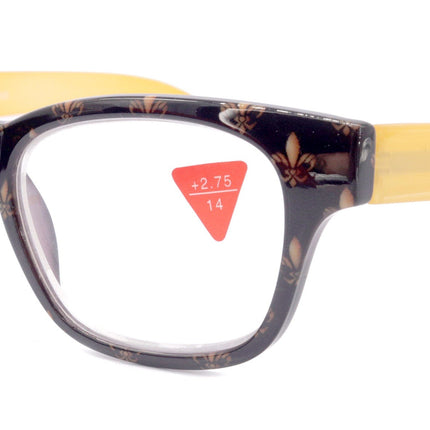Lilly, (Premium) Reading Glasses (Fleur De Lis) +1 .. +3 Magnifying, Fashion Square Optical Frame. (Yellow, Gold, Black) NY Fifth Avenue.